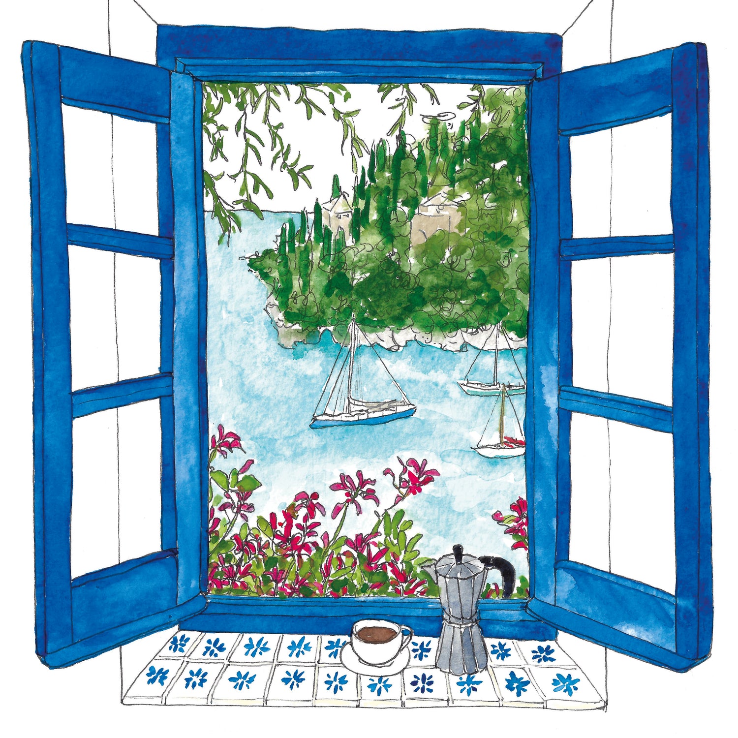 Drinking a coffee and looking out of a pretty window to the sea with sailing boats and flowers.