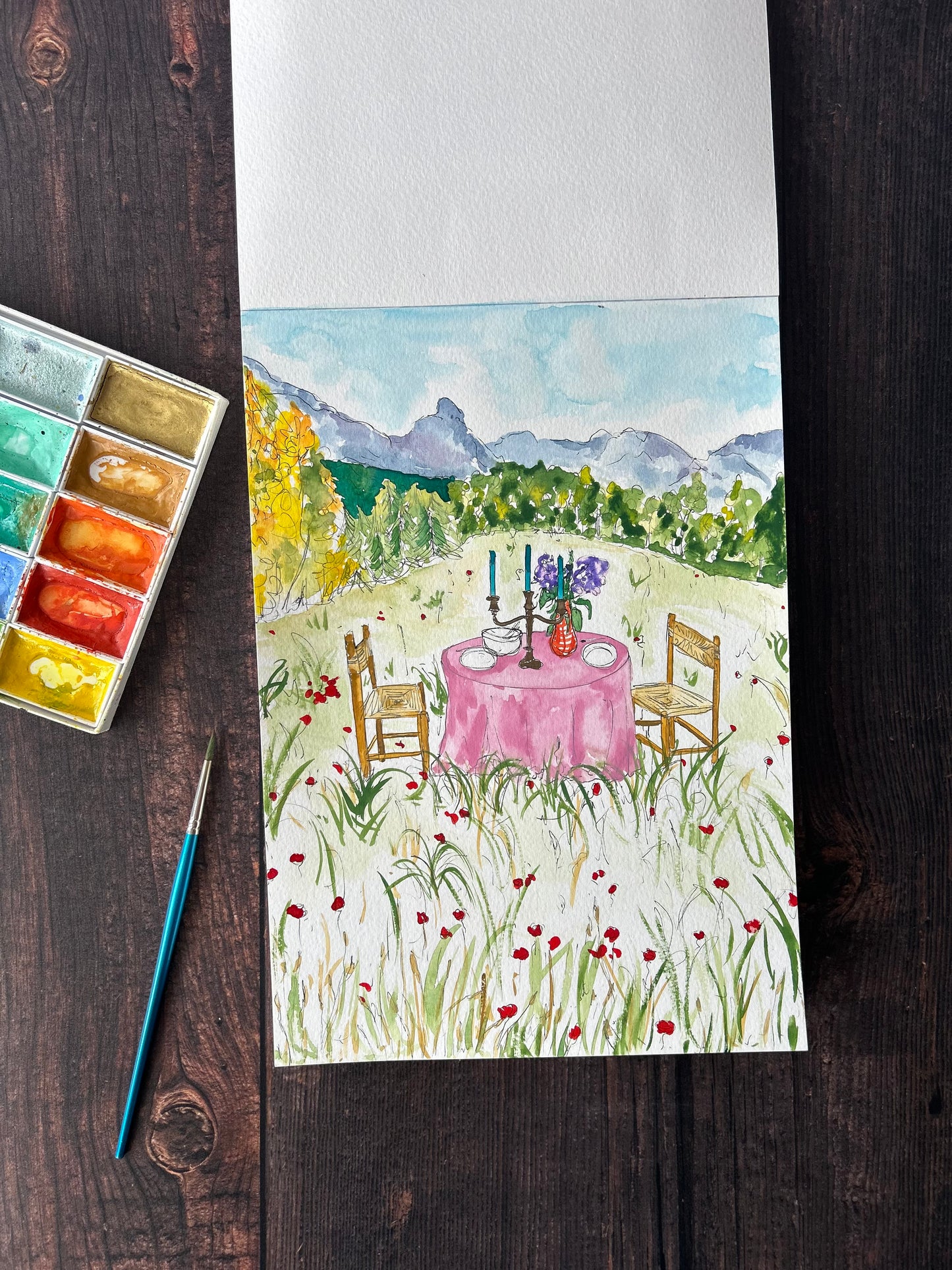 Whimsical Mountain View Outdoor Dining Print