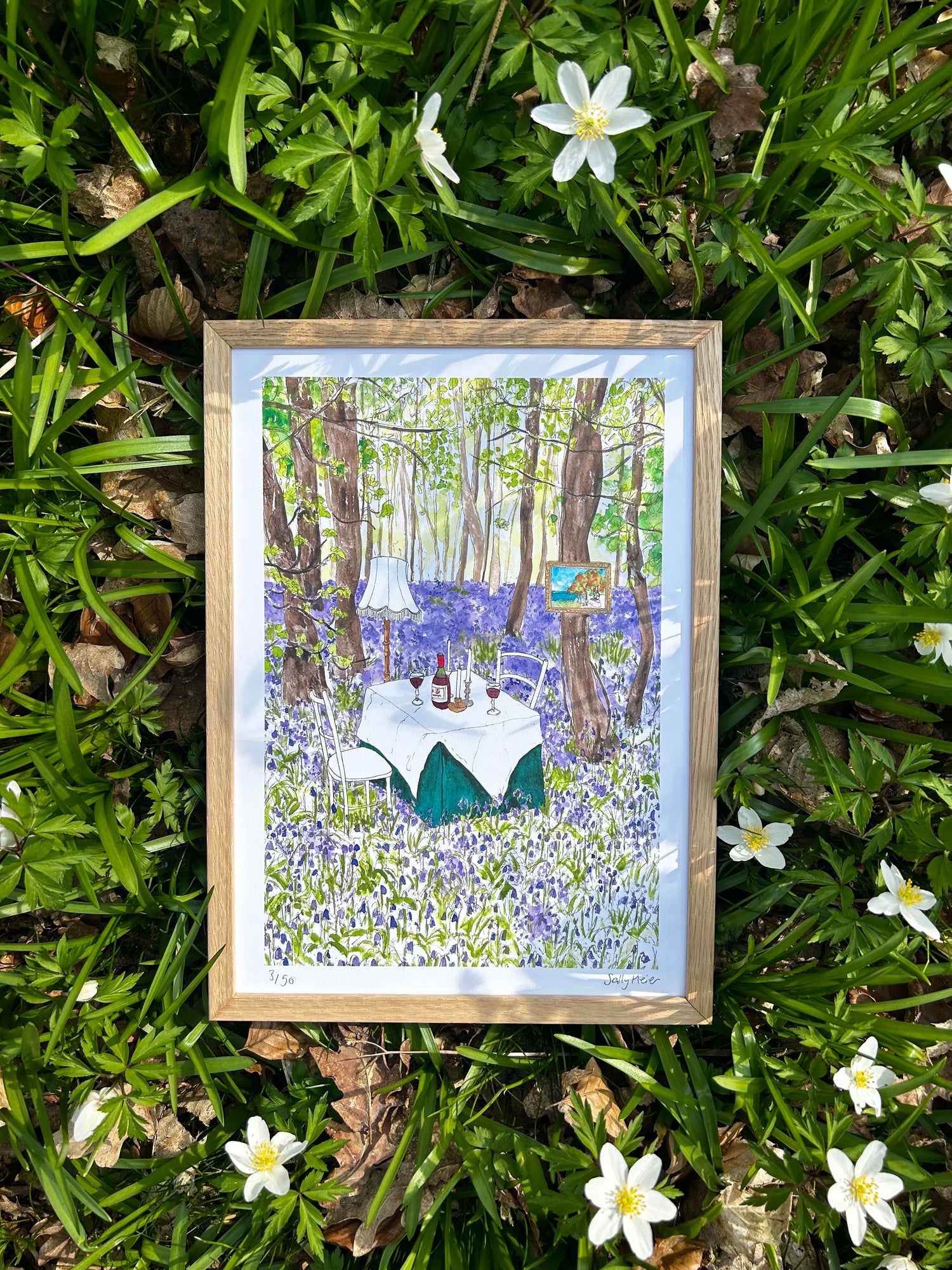 Art print of outdoor dining amongst bluebells in an english woodland.
