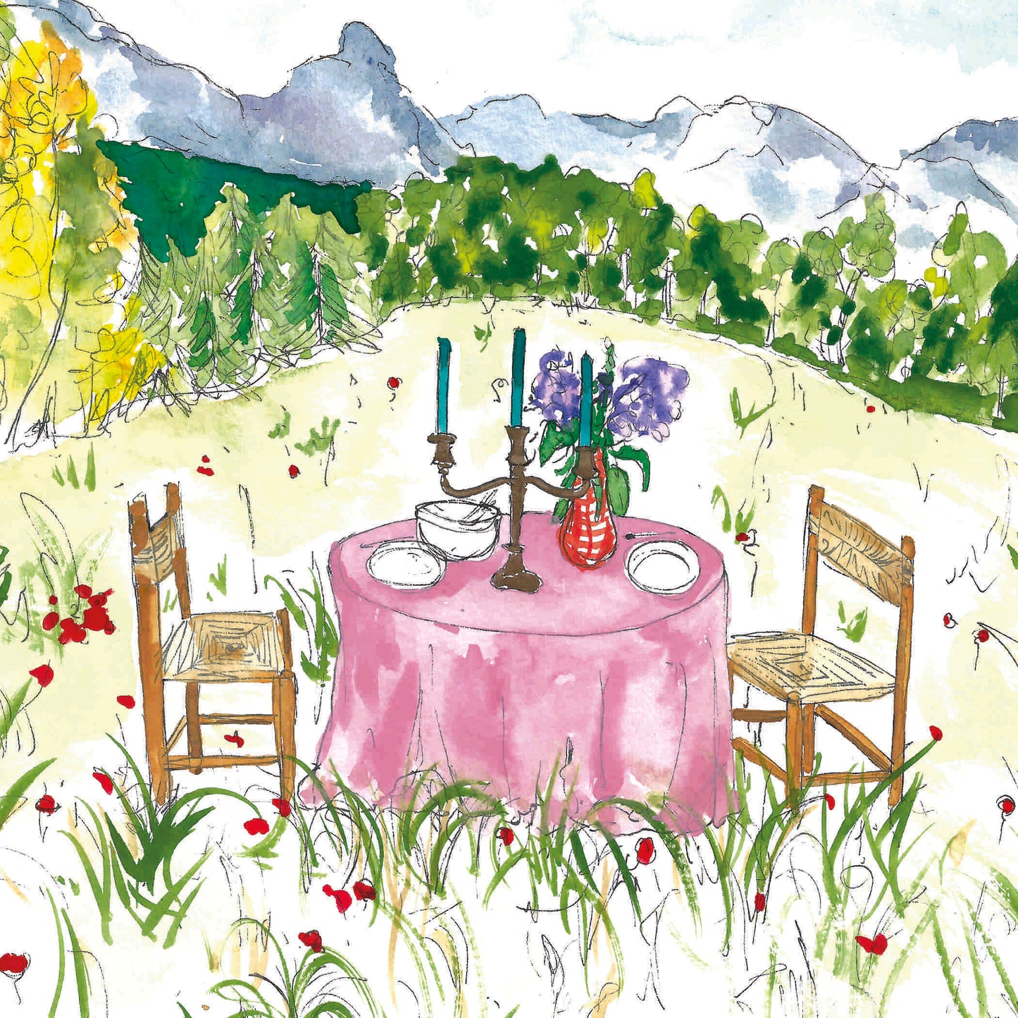 Whimsical Mountain View Outdoor Dining Print