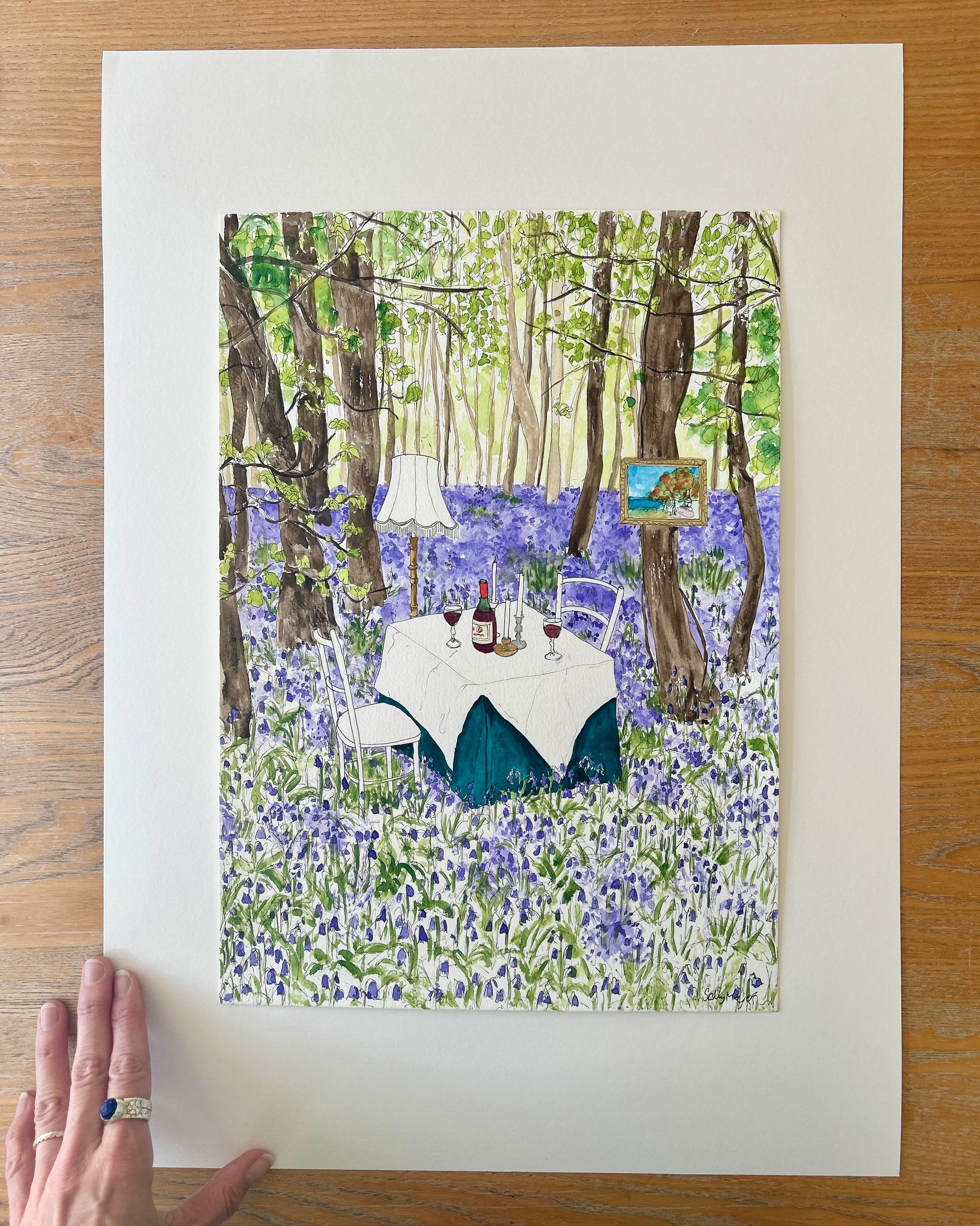 original painting of dining in bluebell wood
