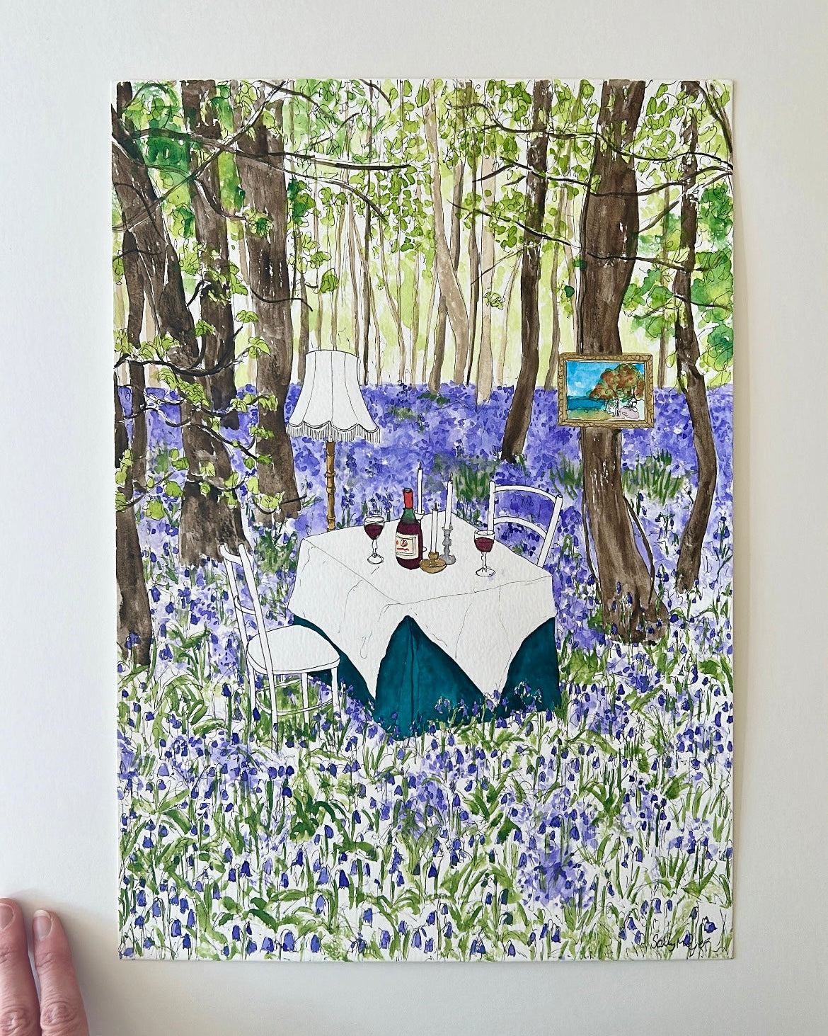 original watercolour painting of dining in bluebell wood