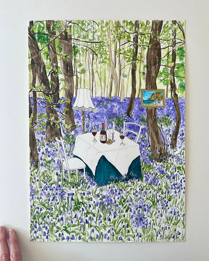 original watercolour painting of dining in bluebell wood