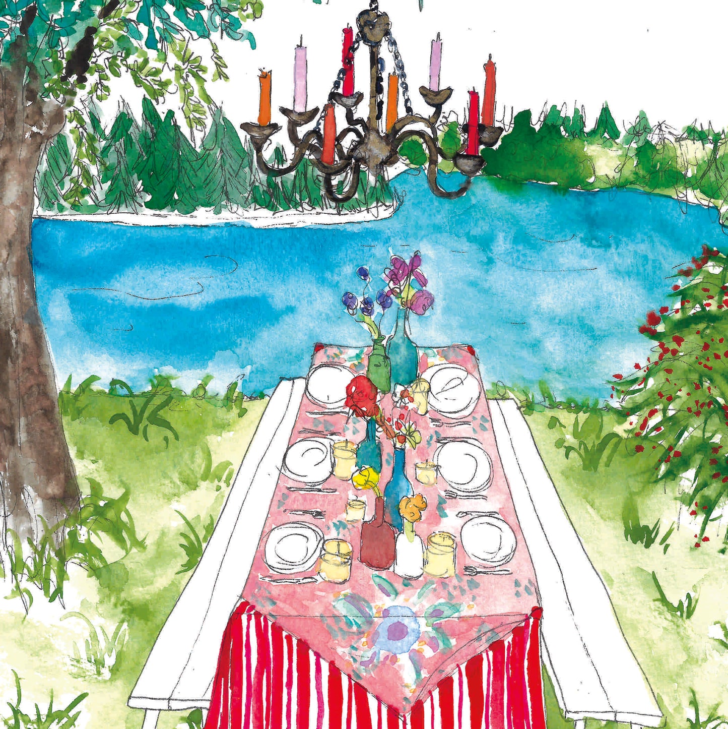 Whimsical Lakeside Outdoor Dining Print